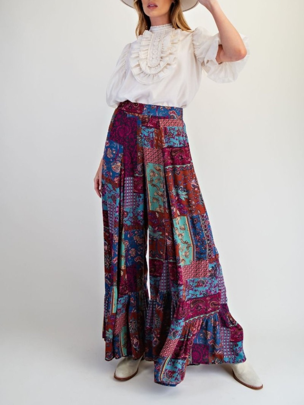 Easel Floral Patchwork Print Ruffle Hem Wide leg Palazzo Pants